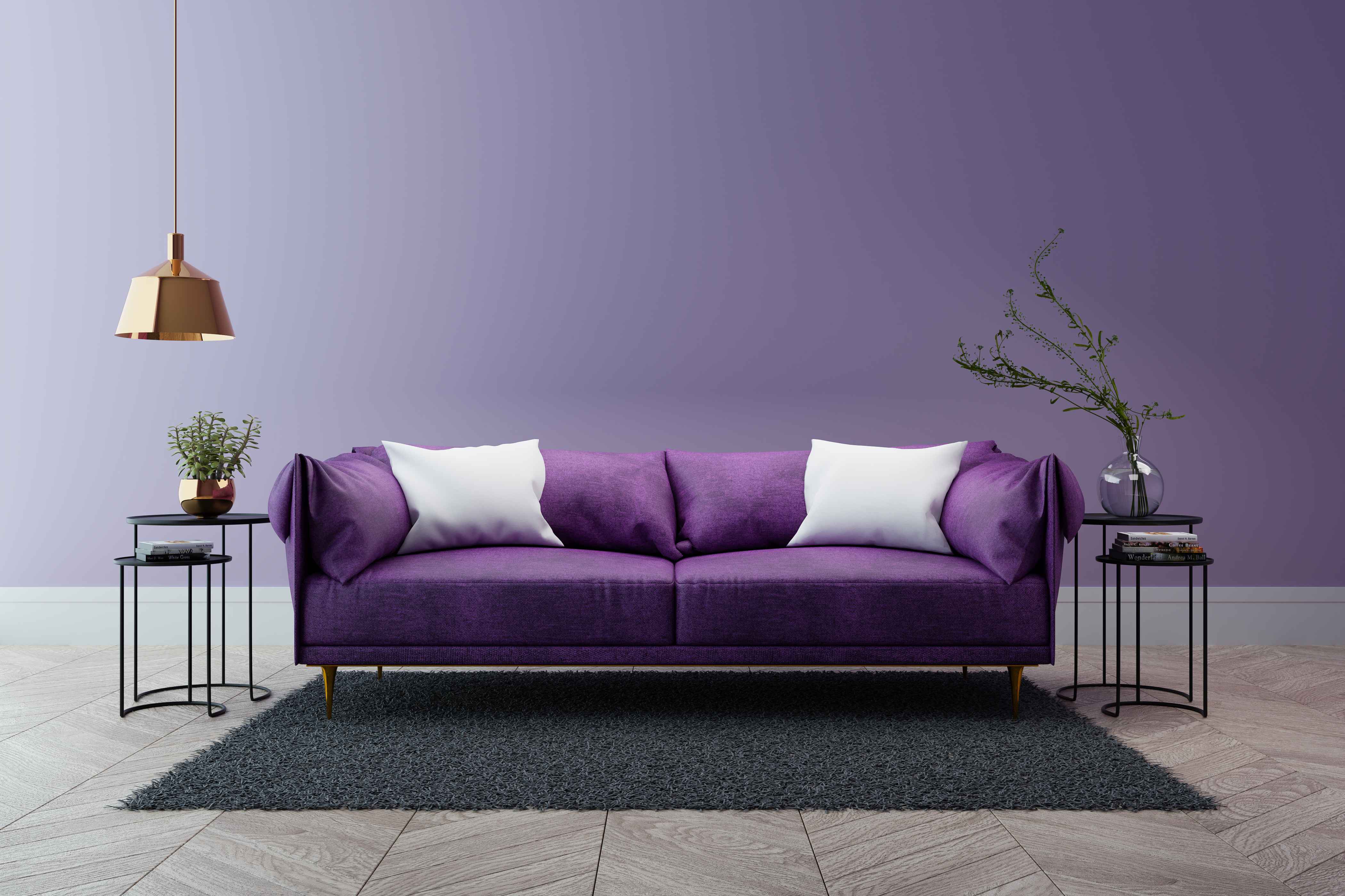 Luxury modern interior of living room ,Ultraviolet home decor concept ,purple sofa and black table with gold lamp on light purple wall and woodfloor ,3d render